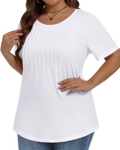 Image of Plus Size Tops for Women Pleated Summer Top Trendy Short Sleeve Shirts Casual Basic Tee Crew Neck Blouses 2026