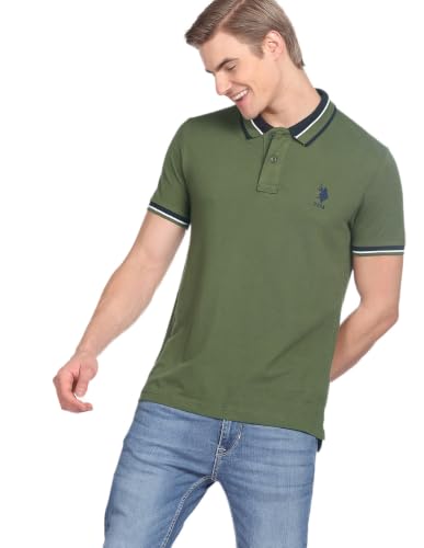 Image of U.S. POLO ASSN. Solid Slim Fit Polo T Shirt for Men - 100% Cotton, Half Sleeves Mens Tshirt - XXL, Olive