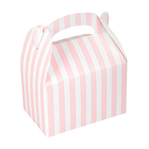 Restaurantware Gable Gift Boxes With Handle 25 Count 4 x 2.5 x 2.5 Inches Paper Pink Party Favor Boxes Striped Cardboard Treat Boxes Pink And White