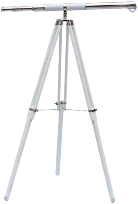 Brass Telescope with White Tripod Stand, Nautical Floor Standing Spyglass, Home and Office Decor
