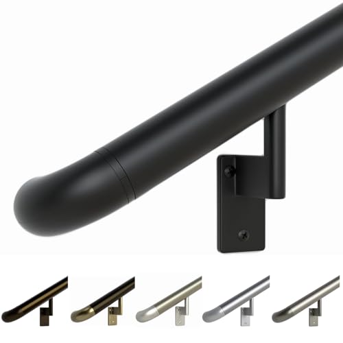 Promenaid 5ft ADA Handrail Kit - Satin Black - Complete Indoor/Outdoor Handrail for Stairs - 1.6" Round Anodized Aluminum Railing with 3 Satin Black Painted Pivoting Brackets & ADA Wall Returns