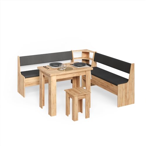 Livinity Conjunto con Banco esquinero Tiberio, Roble Dorado, 210 x 210 cm con Mesa