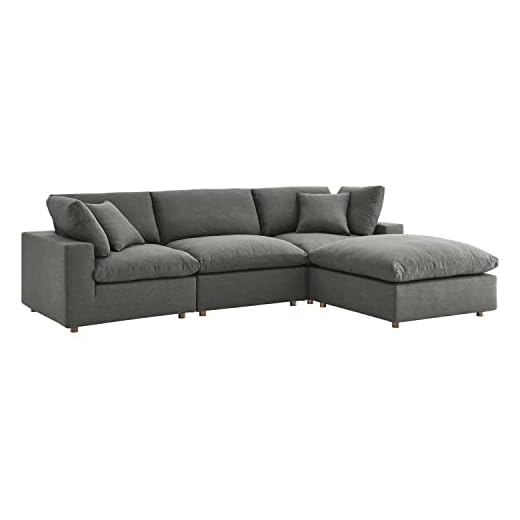 Modway Commix Down Down Filled Overstuffed 4 Piece Sectional Sofa Set, Seating for 3 - Ottoman, Gray
