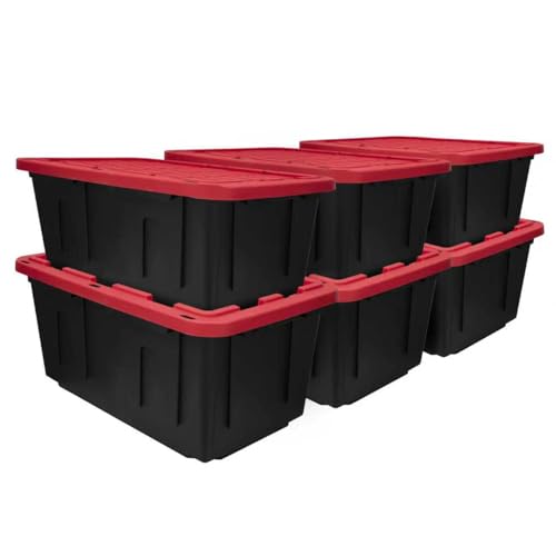 Image of 27 Gallon Large Storage Bin with Snap Lid, Black and Red, Heavy Duty Plastic, Stackable, 30.6x20.6x14.3 Inches, Set of 4 (27 Gallon, 6)