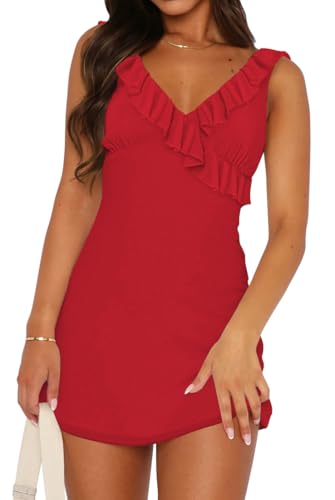 EUDOLAH Women's Solid Colour Ruffle Sexy V-Neck Sleeveless Slimming Dress Casual Bodycon Mini Summer Backless Short Dress (S,Red)
