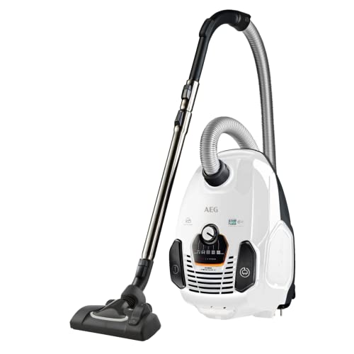 AEG VX7-2-IW-S Aspiradora de Trineo con Bolsa, 650W de Potencia, Gran Filtración, Radio de acción de 12m, Silencioso, 69dB de Ruido, Cepillos Suelos Duros, Cepillo Turbo, Blanco