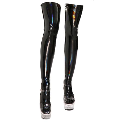 KLVEU Black Leather Thigh High Stockings Shiny PU Elastic Long Leather Socks for Women Over Knee