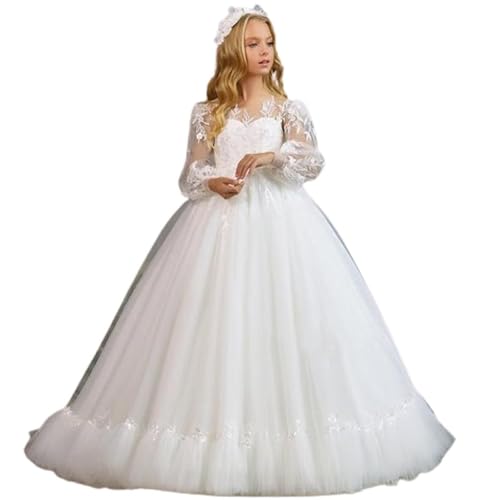 Girls Lace Appliques Flower Girl Dress Long Sleeves Long Wedding Dress A Line Tulle White Pageant Dress CT27