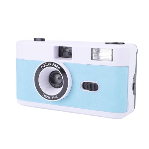 Annadue Caméra à Film 35mm 28mm F/8, Appareil Photo Rétro Réutilisable avec Flash 27 Films Couleurs pour étudiants Adultes, Cadeau d'anniversaire (Blanc Bleu)