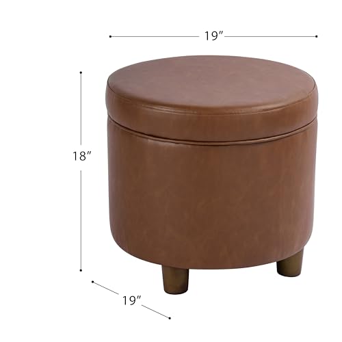 Image of HomePop 19 inch Round Storage Ottoman - Chestnut Brown Faux Leather