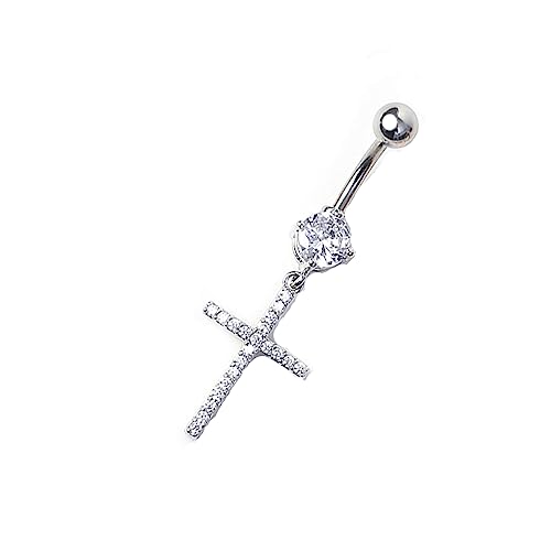 BSLVWG 14G 316L Surgical Steel CZ Belly button Bars with Dangle Cubic Zirconia Belly Piercing Belly Rings Jewelry Cross Navel Rings Body Piercing Jewelry Barbells for Women Girls