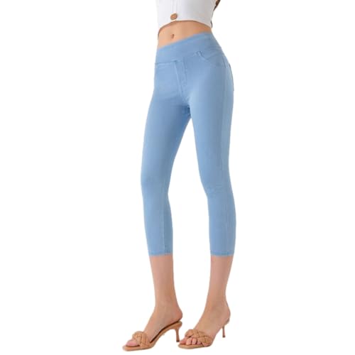Image of Meufam Women Fashion Pull On Capri Jeans Stretchy Jean Capris High Waisted Denim Leggings Casual Pants with Pockets (Light Blue,Large)