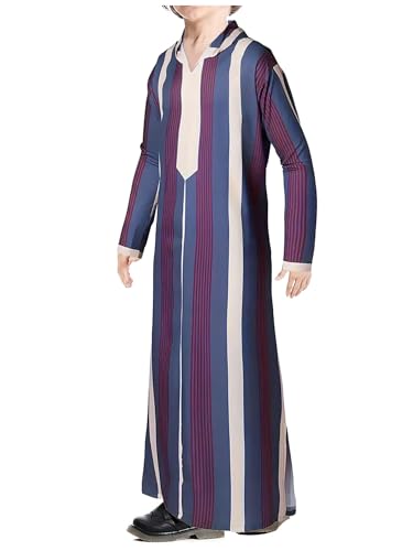 WSPLYSPJY Boys Muslim Thobe Striped Maxi Kaftans Kids Hooded Long Sleeve Arab Gown Islamic Robe2