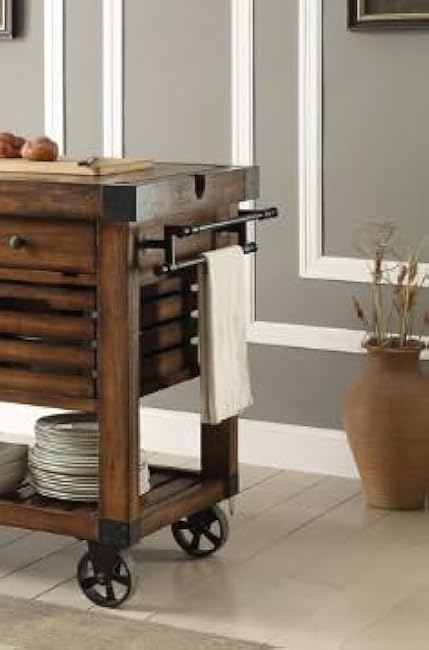 Distressed Chestnut Finish Kitchen Cart with Storage Baskets and Metal Drawers, Versatile Preparation Space, Mobile Design-bAaeHHF5