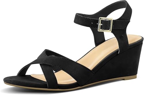 Womens Open Toe Bohemian Sandals Summer One Word Belt Vintage Suede Wedge Sandal Comfortable Arch Support Outdoor LightWeight Sandals for Outdoor Walking Driving