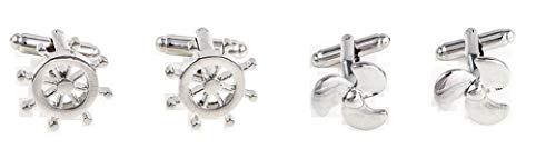 MRCUFF Ship Wheel and Propellor Propeller Boat 2 Pairs Cufflinks in a Presentation Gift Box & Polishing Cloth
