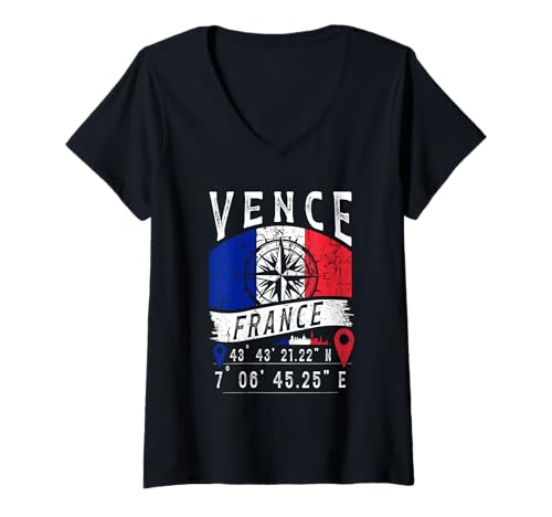 Femme Vence France Flag GPS Coordonnées de Vence T-Shirt avec Col en V