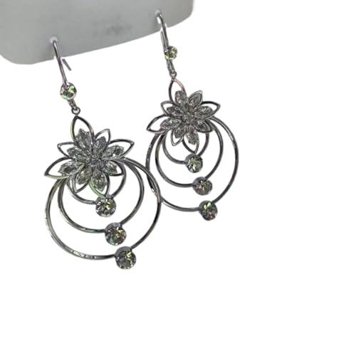 Pendientes geométricos de flores redondas multicapa, colgantes geométricos dorados, pendientes de aro colgantes de cristal, pendientes de aro multicapa (Silver)