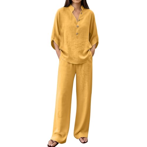 Conjuntos de 2 piezas de lino y algodón premium, diseño de manga 3/4 con pantalón de pierna ancha