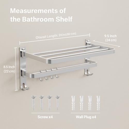 Image of EVANEX Towel Rack for Bathroom 304 Stainless Steel Towel Holder 24 Inch Folding Towel Rack with Shelf, Rustproof Wall Mounted Towel Stand in Bathroom, Heavy Duty Bathroom Organiser