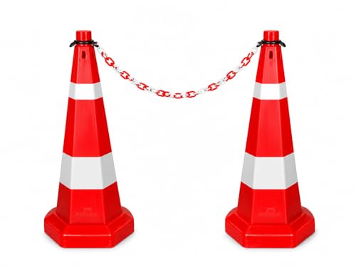 Image of Nilkamal Road Traffic Safety Cone, Pack of 2 Cones 1000 mm, with 1 mtr Chain + 2 Hooks, (Safety Cone, Traffic Safety Cone, Road Safety Cone with Reflective Strips Collar)