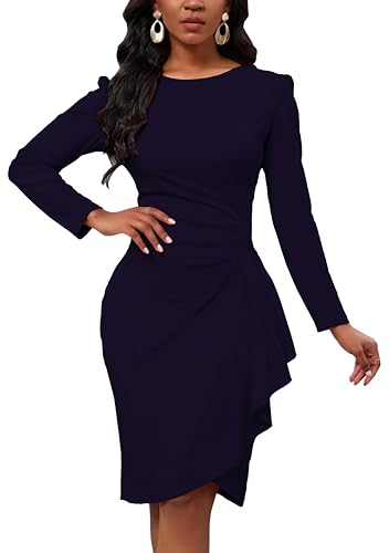 Women's Long Sleeve Bodycon Dress Crew Neck Ruched Wrap Wear to Work Church Midi Pencil Dress Elegant2