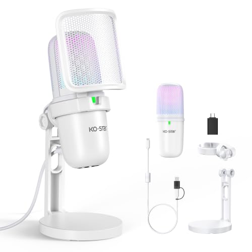 Ko-Star RGB USB Microphone, White Gaming Mic for PC, PS5, Laptop, Phone, Condenser Mic with Touch Mute, Pop Filter, Cardioid Pickup, Plug & Play for Streaming, Podcast, Recording, Gaming