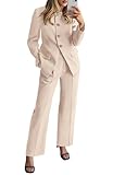 BTFBM Two Piece Set for Women Fall Fashion 2025 Business Casual Long Sleeve Blazer Jackets Wide Leg Pant Suits Pockets(Beige, Small)