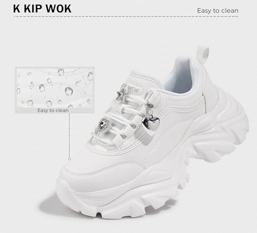 Image of K KIP WOK Chunky Sneakers for Women Fashion Platform White Leather Casual Dad Shoes Comfortable Wedge Walking Sport Sneakers