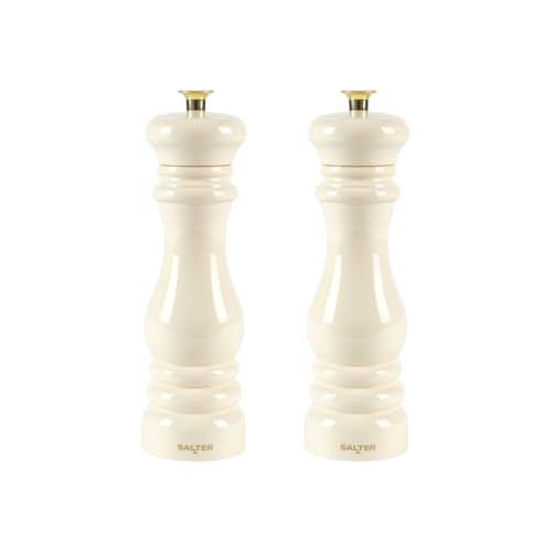 Salter Chester Salt & Pepper Mills – Set of 2, Universal Ceramic Grind, Adjustable from Fine to Coarse, Refillable, Manual Twist Grinders for Cooking, Extra Caps Included, High Gloss Acrylic, Cream