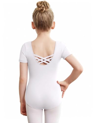 Image of Zaclotre Girls Gymnastics Leotards Crisscross Back Ballet Dance Outfits | Team Basic Leotard,Classic Short Sleeve,Hollow Back,High Stretch,Perfect Fit,Soft Cotton,Breathable,Ballerina Costume