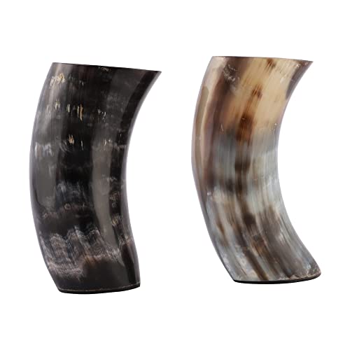 Viking Drinking Horn - Handmade Viking Horn Mead Cup - Genuine Ox Horn Mug Tankard - Unique Drinking Vessel, 8 to 10 Oz (6 Inch, Pack of 2)