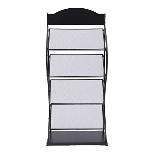 Soporte de pie para folletos de 4 niveles con estante inferior, revistero negro para áreas de recepción, oficinas y ferias, elegante y diseño