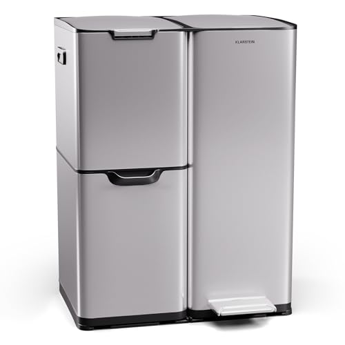 Klarstein Tiyo 3-in-1 Mülleimer - 60L Küchen-Abfalleimer mit Pedale & Soft-Close-Deckel, Edelstahl, herausnehmbare Eimer, Trennsystem, Aufkleber