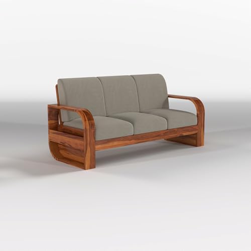 Image of Solid Sheesham Wooden 3 Seater Sofa Set with Light Taupe Cushion for Living Room Furniture - Honey Finish