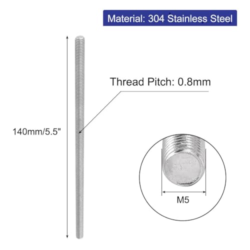 sourcing map 5 Stück Gewindestangen M5x140mm Edelstahl 304 Gewindestift Metrischem Vollgewinde Bar Gewindestäbe für Befestigung CNC-Werkzeugmaschinen 3D-Drucker Industrie Geräte