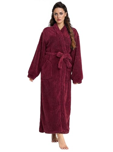 Artfasion Womens Long Fleece Robe - Warm Soft Floor Length Flannel Bathrobes for Winter Thicker Long House Coat with Pockets