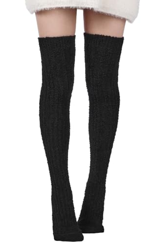 Image of Moon Wood Womens Thigh High Socks Long Soft Warm Leg Warmers Fuzzy Over Knee High Stockings Coral Fleece Plush Socks
