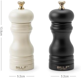Bill.F Salt and Pepper Grinder Set, Wood Pepper Mill Set of 2 Manual Salt Pepper Shakers Grinder Refillable 5 Inch with Adjustable Ceramic Grinding Rotor（Set of 2 Black and Cream）