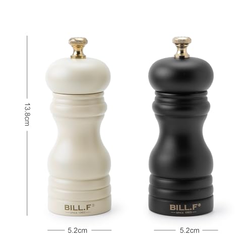 Bill.F Salt and Pepper Grinder Set, Wood Pepper Mill Set of 2 Manual Salt Pepper Shakers Grinder Refillable 5 Inch with Adjustable Ceramic Grinding Rotor（Set of 2 Black and Cream）
