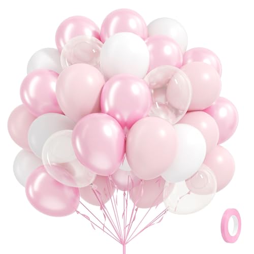 Image of 60pcs Pink and White Balloons 12inch with Clear Pastel Pearl Pink Balloons for Wedding Bridal Baby Shower Shower Birthday Party Decorations