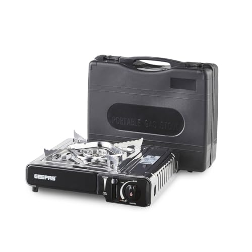 Geepas Gas Stove Single Burner – Portable Camping Stove BBQ Cooker with Carry Case, Outdoor Grill Plate – Automatic Ignition System, Enamel Pan Support, Butane Can or LPG Gas Source