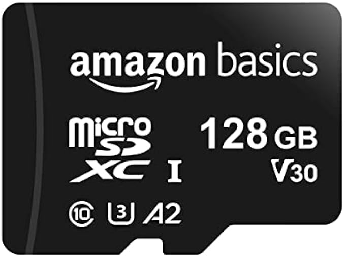 Amazon Basics Micro SDXC Memory Card with Full Size Adapter, A2, U3, Read Speed up to 100 MB/s, 128 GB, Black