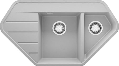 Fregadero de Esquina 90 x 50 cm, Fregadero Granito 1,5 Senos + Sifón Clásico, Fregadero Empotrado con Escurridor Copenhague 900-70 Corner de Primagran, Gris