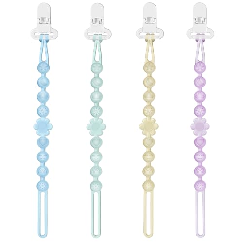 Iwooduubb Silicone Pacifier Clip Holder with One-Piece Beads, 4 Packs Soft Flexible and Rust-Free Binky Pacifiers Clips for Teething Relief Baby...