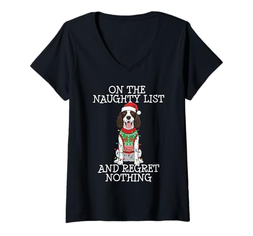 Femme Funny Christmas English Springer Spaniel Naughty List T-Shirt avec Col en V