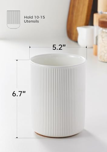 Image of LoeJan 6.7 inch Utensil Holder, Ceramic Kitchen Utensil Holder with Cork Bottom, Large Utensil Crock for Countertop, Vintage Cooking Tool Organizer Set for Kitchen Counter Decor(White)