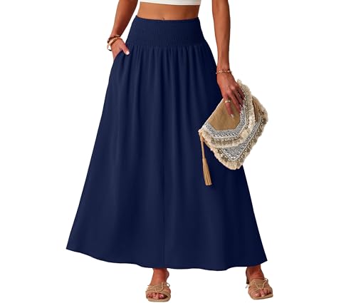 Lepunuo Maxi Skirts Womens High Smocked Waisted Flowy Gypsy Skirts with Pockets