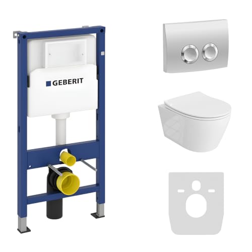 Lavita Duofix Basic Bâti-support + WC suspendu à fond creux Praia Blanc sans rebord + Siège de WC + Plaque de commande Delta 25 Verchromt Knop | Ensemble complet de boîte de chasse encastrée Ensemble