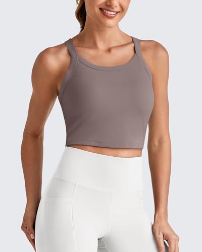 G4Free Barefeel Cropped Workout Tops for Women Built in Bra Removable Padded Longline Sports Bras Racerback Yoga Tops3